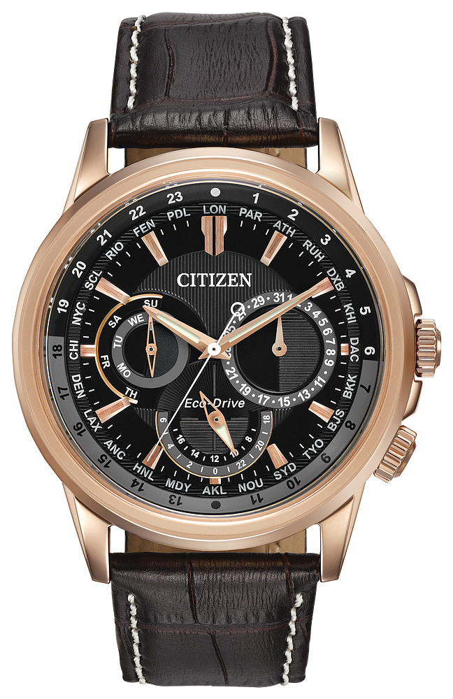 Citizen Calendrier Eco Drive Black Dial Leather Band Watch BU2023-04E